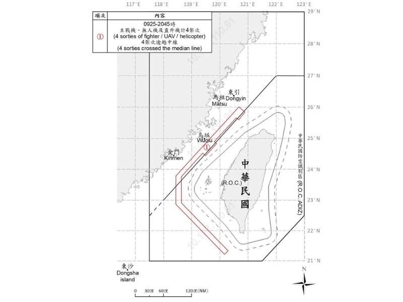 Mapa del Ministerio de Defensa de Taiwán que muestra las trayectorias de actividad aérea del Ejército Popular de Liberación y los cruces de la línea media del estrecho de Taiwán registrados durante el 9 de octubre.