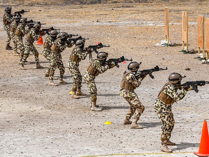 Soldados del Ejército de Nigeria participan en un ejercicio con fuego real como parte de FLINTLOCK 20 en Thiès, Senegal, el 17 de febrero de 2020.